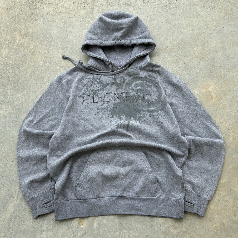 Element Hoodie Mens Large Gray Pullover Fleece Sweatshirt Faded Skate Grunge Y2K